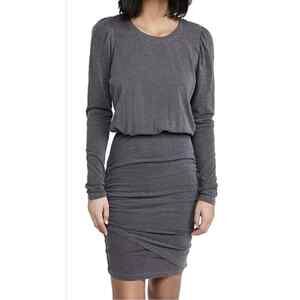 Anthropologie X Sundry Shirred Puff Long Sleeve Dress in Carbon Size L